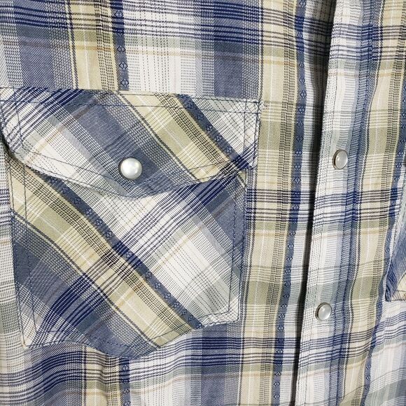 RK Brand Mens Shirt Size Small Western Pearl Snap 2 Pocket Blue Plaid Short Slv - Picture 4 of 9